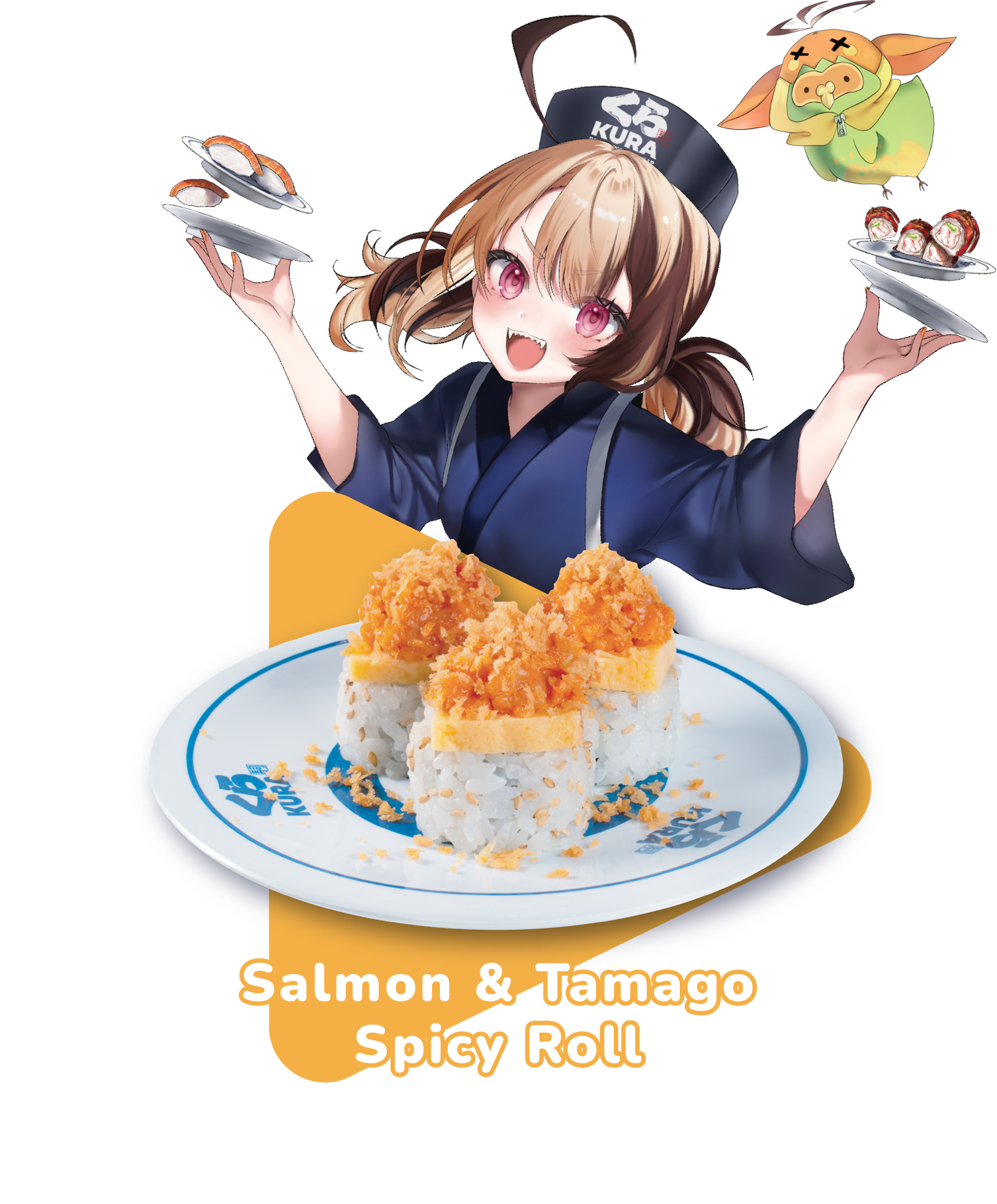 Giji Murin's Salmon and Tamago Spicy Roll featuring the her companion with her Vtuber character