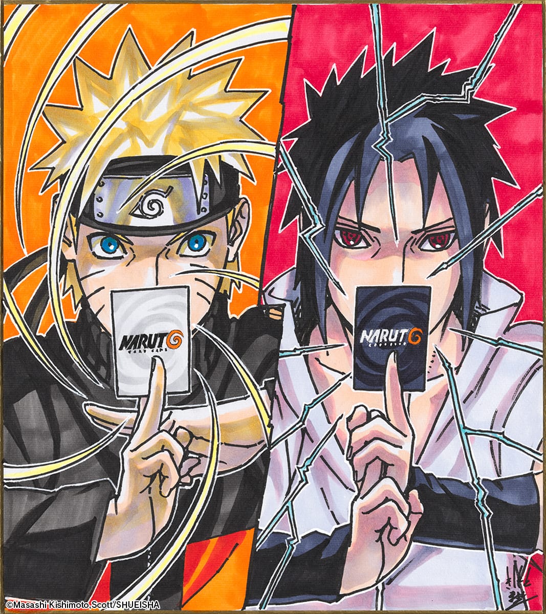 Naruto holding a white TCG card and Sasuke holding a black TCG card with his red Sharingan eyes on.