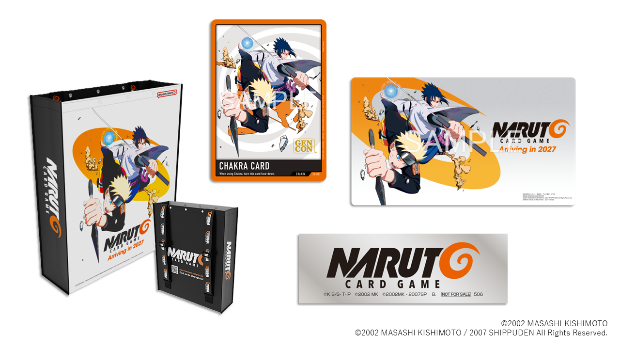 Gen Con items available at the Gen Con 2026 NARUTO CARD GAME booth: exclusive promo card, backpack, playmat, and sticker.