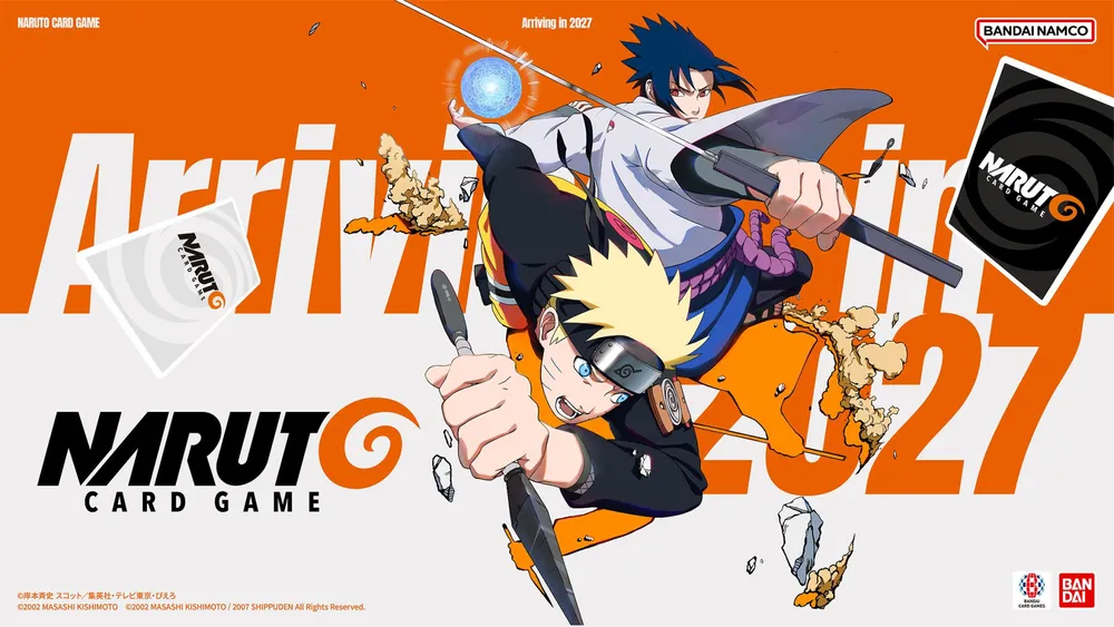 A promo image for the NARUTO CARD GAME featuring Naruto and Sasuke fighting in their Shippuden outfits with a few cards flying in the background.